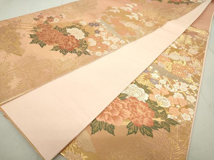 平和屋着物◎六通柄袋帯 扇草花文 金糸 秀美二重箔 正絹 逸品 DAAP3166ar