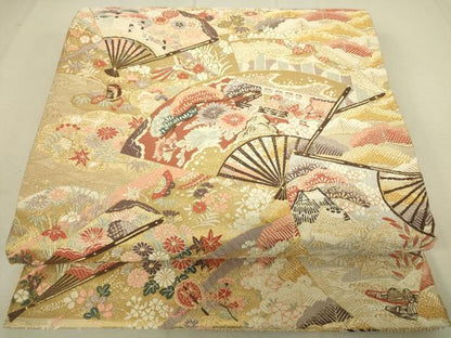 平和屋着物◎六通柄袋帯 扇風景草花文 金糸 正絹 逸品 DAAP3189ar