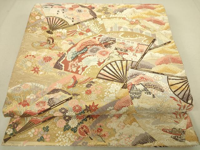 平和屋着物◎六通柄袋帯 扇風景草花文 金糸 正絹 逸品 DAAP3189ar