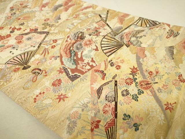 平和屋着物◎六通柄袋帯 扇風景草花文 金糸 正絹 逸品 DAAP3189ar