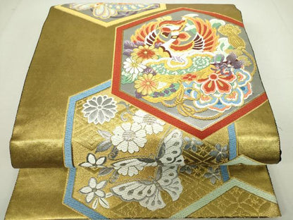 平和屋着物◎六通柄袋帯 唐織 亀甲花鳥文 金銀糸 正絹 逸品 DAAP3190ar