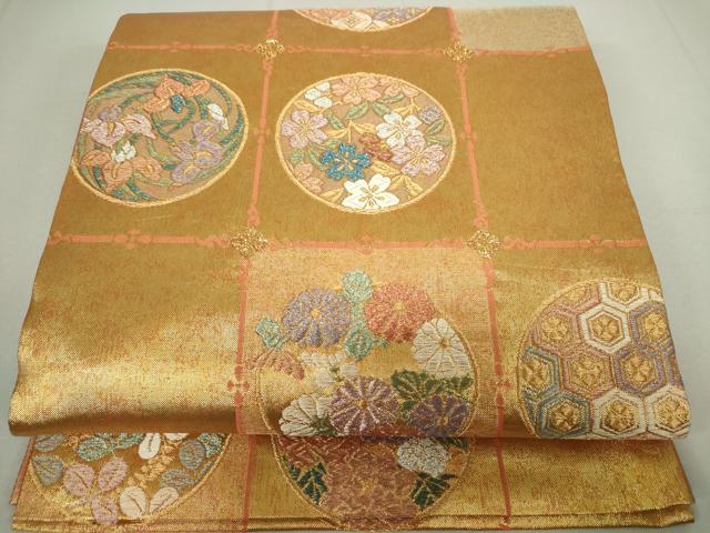 平和屋着物◎絢彩佐賀錦　六通柄袋帯　市松花丸文　金銀糸　正絹　逸品　DAAP3197ar