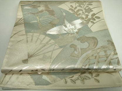 平和屋着物◎太鼓柄袋帯 駒刺繍 扇飛鶴枝花文 金銀彩 正絹 逸品 DAAP3293ar