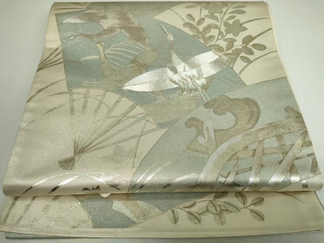 平和屋着物◎太鼓柄袋帯 駒刺繍 扇飛鶴枝花文 金銀彩 正絹 逸品 DAAP3293ar
