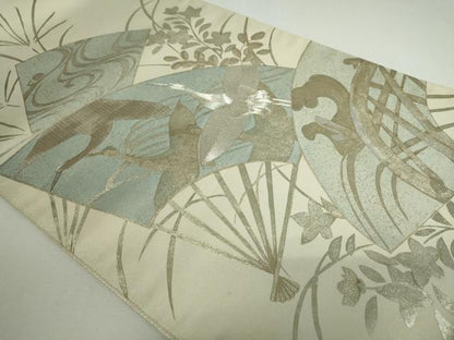 平和屋着物◎太鼓柄袋帯 駒刺繍 扇飛鶴枝花文 金銀彩 正絹 逸品 DAAP3293ar