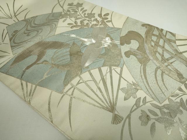 平和屋着物◎太鼓柄袋帯 駒刺繍 扇飛鶴枝花文 金銀彩 正絹 逸品 DAAP3293ar