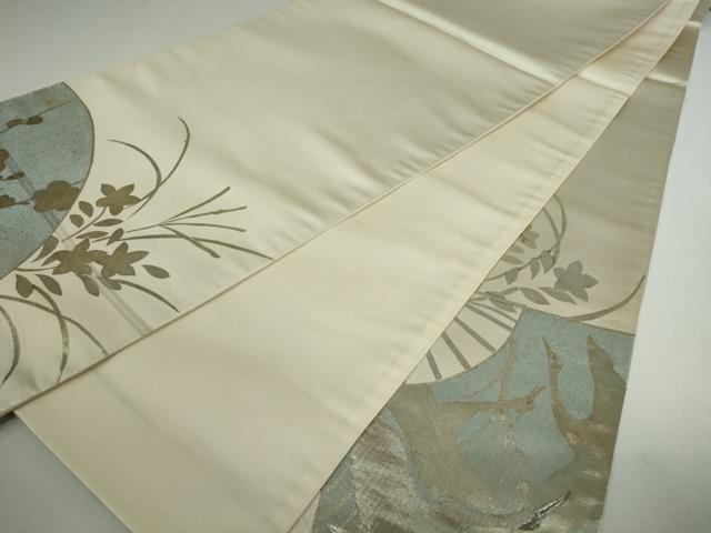 平和屋着物◎太鼓柄袋帯 駒刺繍 扇飛鶴枝花文 金銀彩 正絹 逸品 DAAP3293ar