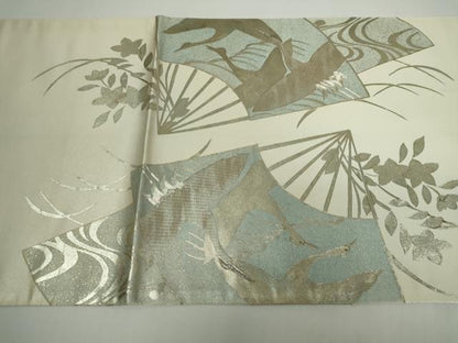 平和屋着物◎太鼓柄袋帯 駒刺繍 扇飛鶴枝花文 金銀彩 正絹 逸品 DAAP3293ar