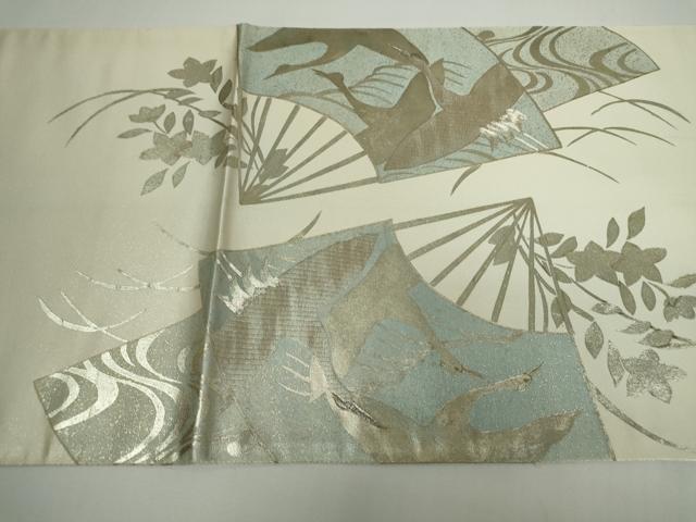 平和屋着物◎太鼓柄袋帯 駒刺繍 扇飛鶴枝花文 金銀彩 正絹 逸品 DAAP3293ar