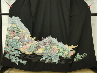 平和屋着物■豪華黒留袖 駒刺繍 風景松文 金彩 正絹 逸品 DAAP6071cm