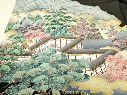 平和屋着物■豪華黒留袖 駒刺繍 風景松文 金彩 正絹 逸品 DAAP6071cm