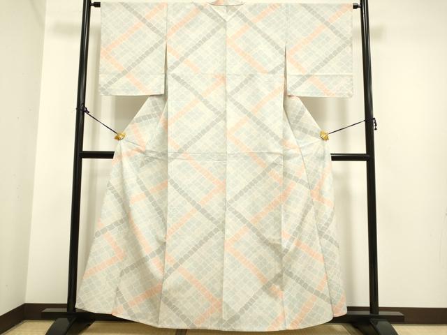 平和屋着物▽本塩沢　単衣　変わり格子　正絹　逸品　DAAP7380du