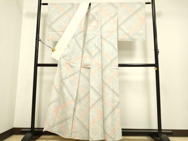 平和屋着物▽本塩沢　単衣　変わり格子　正絹　逸品　DAAP7380du