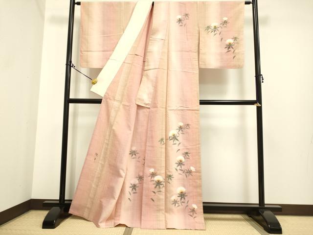 平和屋着物▽訪問着 単衣 紬地 手描き 紅花 正絹 逸品 DAAP7392du