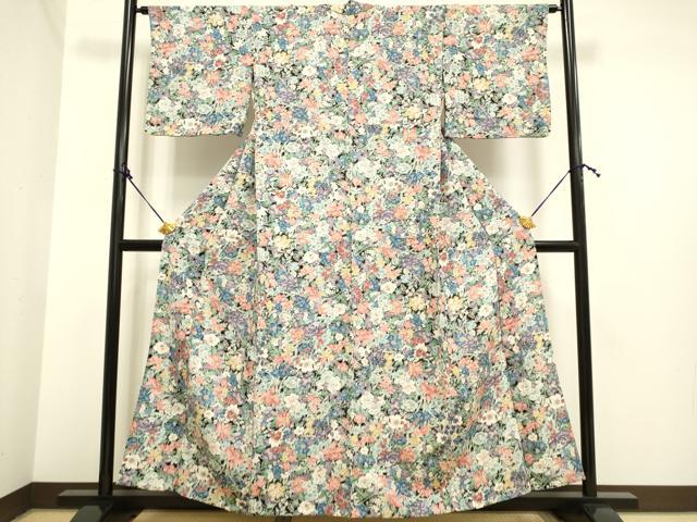 平和屋着物▽上質な小紋 単衣 草花文 金彩 鬼しぼ縮緬 正絹 逸品 DAAP7393du