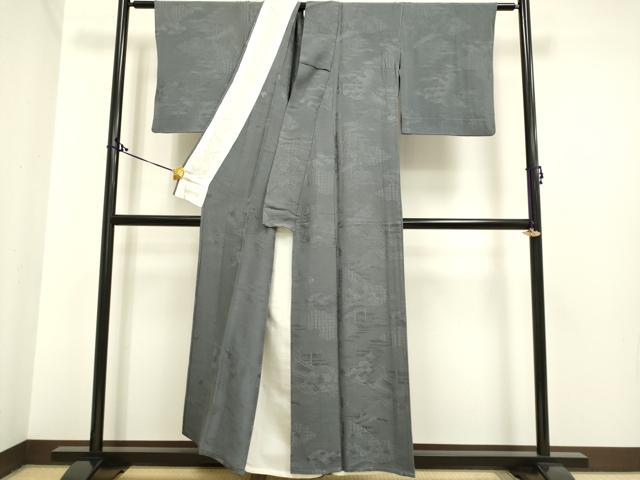 平和屋着物▽上質な色無地 単衣 雲取吉祥風景地紋 灰色 正絹 逸品 DAAP7412du