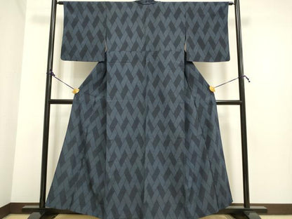 平和屋着物▽本塩沢　単衣　110亀甲　幾何学文様　正絹　逸品　DAAP7413du
