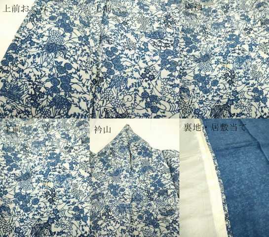 平和屋着物▽本藍 型絵染 小紋 単衣 花鳥文 鬼しぼ縮緬 正絹 逸品 DAAP7417du
