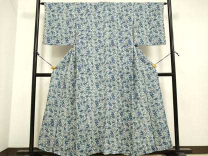 平和屋着物▽本藍 型絵染 小紋 単衣 花鳥文 鬼しぼ縮緬 正絹 逸品 DAAP7417du