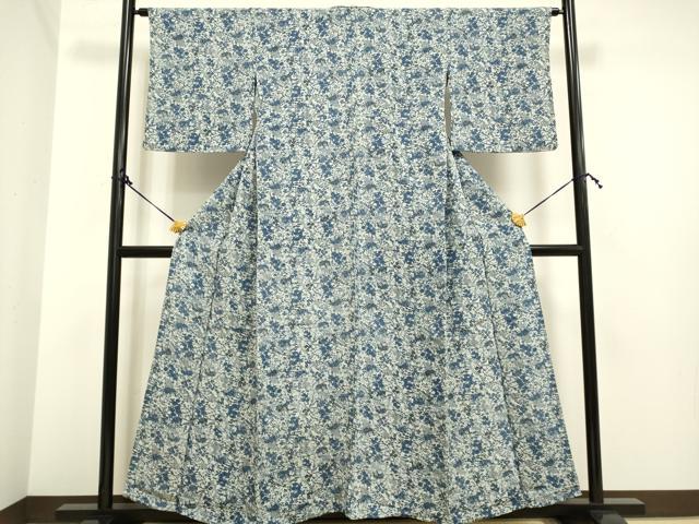 平和屋着物▽本藍 型絵染 小紋 単衣 花鳥文 鬼しぼ縮緬 正絹 逸品 DAAP7417du