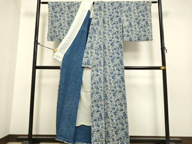 平和屋着物▽本藍 型絵染 小紋 単衣 花鳥文 鬼しぼ縮緬 正絹 逸品 DAAP7417du