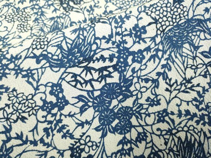 平和屋着物▽本藍 型絵染 小紋 単衣 花鳥文 鬼しぼ縮緬 正絹 逸品 DAAP7417du