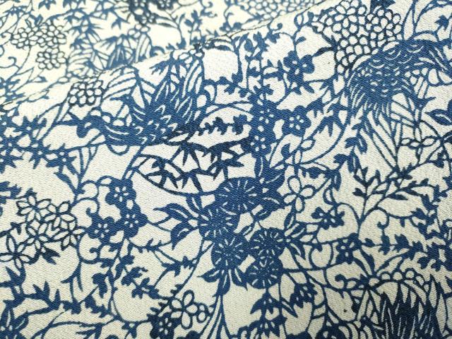 平和屋着物▽本藍 型絵染 小紋 単衣 花鳥文 鬼しぼ縮緬 正絹 逸品 DAAP7417du