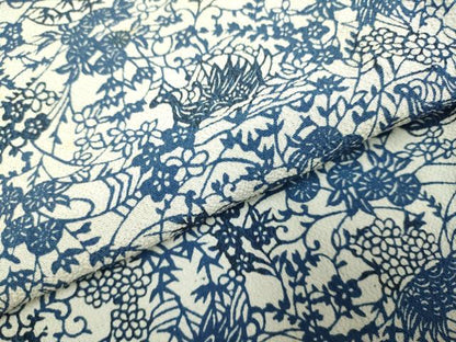 平和屋着物▽本藍 型絵染 小紋 単衣 花鳥文 鬼しぼ縮緬 正絹 逸品 DAAP7417du