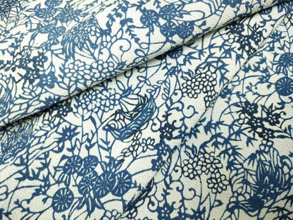 平和屋着物▽本藍 型絵染 小紋 単衣 花鳥文 鬼しぼ縮緬 正絹 逸品 DAAP7417du