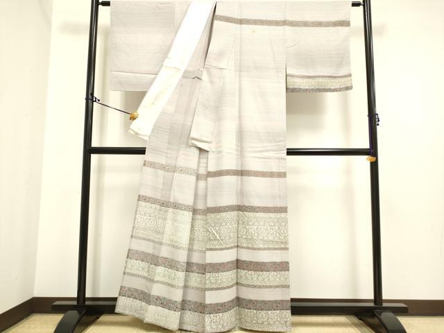 平和屋着物▽訪問着 単衣 横段更紗花文 正絹 逸品 DAAP7426du