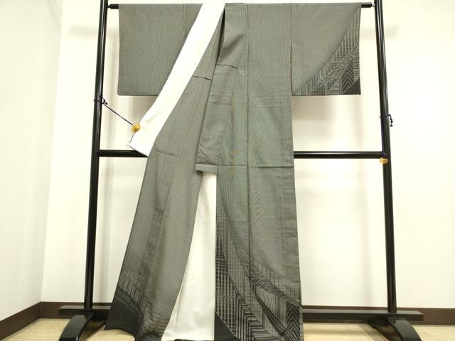 平和屋着物▽本塩沢 単衣 幾何学文様 正絹 逸品 DAAP7438du