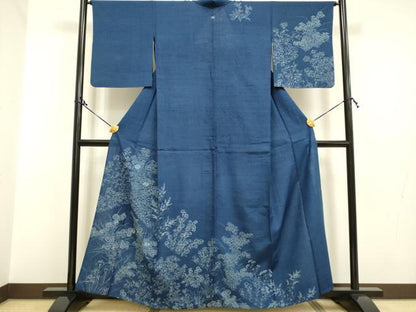 平和屋着物▽訪問着 単衣 藍 紬地 刺繍 草花文 正絹 逸品 DAAP7449du