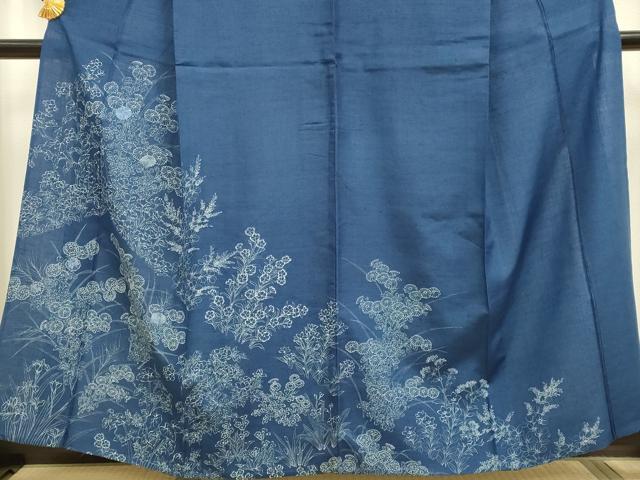 平和屋着物▽訪問着 単衣 藍 紬地 刺繍 草花文 正絹 逸品 DAAP7449du