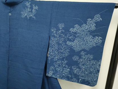 平和屋着物▽訪問着 単衣 藍 紬地 刺繍 草花文 正絹 逸品 DAAP7449du