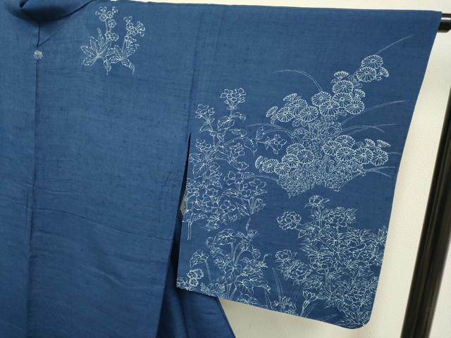 平和屋着物▽訪問着 単衣 藍 紬地 刺繍 草花文 正絹 逸品 DAAP7449du