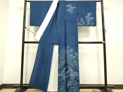 平和屋着物▽訪問着 単衣 藍 紬地 刺繍 草花文 正絹 逸品 DAAP7449du