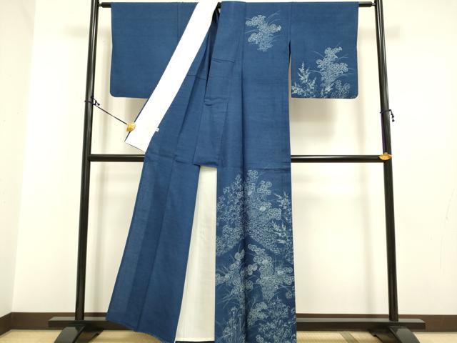 平和屋着物▽訪問着 単衣 藍 紬地 刺繍 草花文 正絹 逸品 DAAP7449du