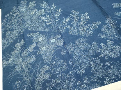 平和屋着物▽訪問着 単衣 藍 紬地 刺繍 草花文 正絹 逸品 DAAP7449du