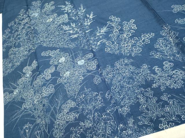 平和屋着物▽訪問着 単衣 藍 紬地 刺繍 草花文 正絹 逸品 DAAP7449du