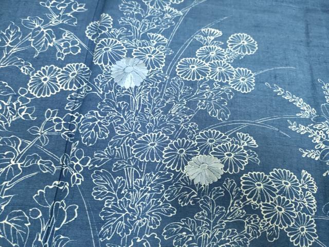 平和屋着物▽訪問着 単衣 藍 紬地 刺繍 草花文 正絹 逸品 DAAP7449du