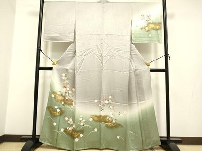 平和屋着物▽訪問着 単衣 草花文 暈し染め 金彩 正絹 逸品 DAAP7454du