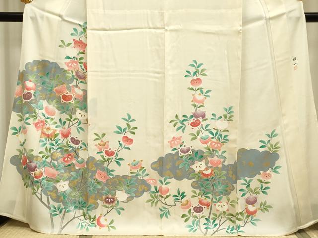 平和屋着物▽東京手描友禅 安達雅一 訪問着 単衣 駒刺繍 橘 金彩 正絹 逸品 DAAP7464du