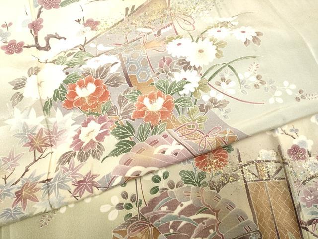 平和屋着物▽訪問着 単衣 几帳風景花文 暈し染め 金彩 正絹 逸品 DAAP7470du