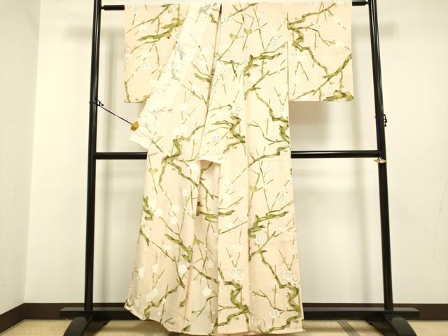 平和屋着物▽上質な小紋　単衣　手描き　枝梅文　金彩　鬼しぼ縮緬　正絹　逸品　DAAP7471du