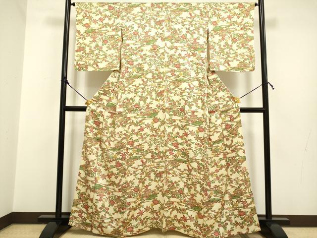 平和屋着物▽上質な小紋　単衣　型染　流水風景花鳥文　正絹　逸品　DAAP7476du
