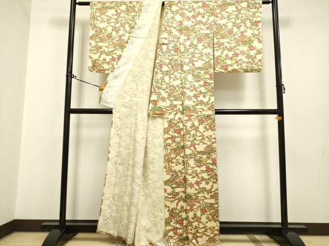 平和屋着物▽上質な小紋　単衣　型染　流水風景花鳥文　正絹　逸品　DAAP7476du