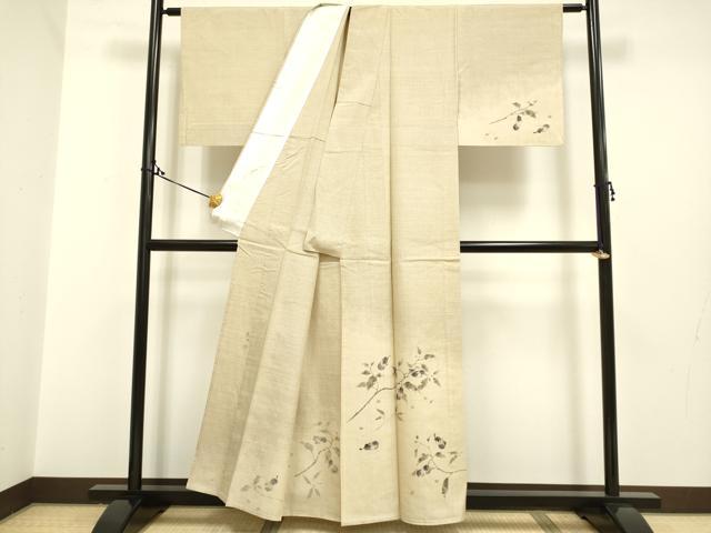 平和屋着物▽訪問着　単衣　作家物　紬地　手描き　茄子　枝葉文　金彩　正絹　逸品　DAAP7505du