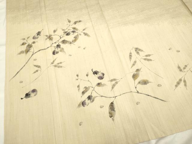 平和屋着物▽訪問着　単衣　作家物　紬地　手描き　茄子　枝葉文　金彩　正絹　逸品　DAAP7505du