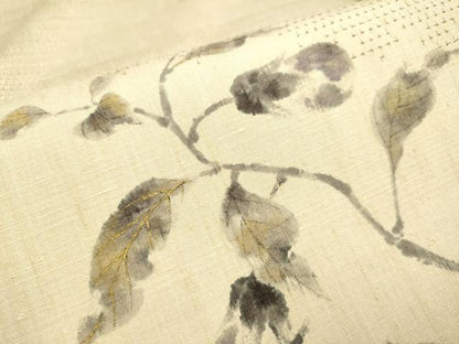 平和屋着物▽訪問着　単衣　作家物　紬地　手描き　茄子　枝葉文　金彩　正絹　逸品　DAAP7505du