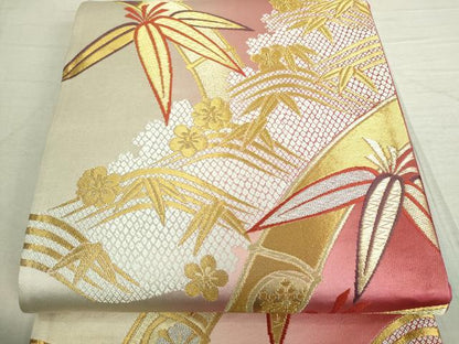 平和屋着物■全通柄袋帯　笹竹花文　金糸　正絹　逸品　DAAP8541sf